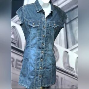 Vintage Lipstick Stretch Denim Jean Mini Dress. Rivet Style Buttons Sz. L